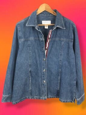 Vintage 90s USA Ribbon Detail Denim Jean Button Up Boho Oversized Jacket Shacket